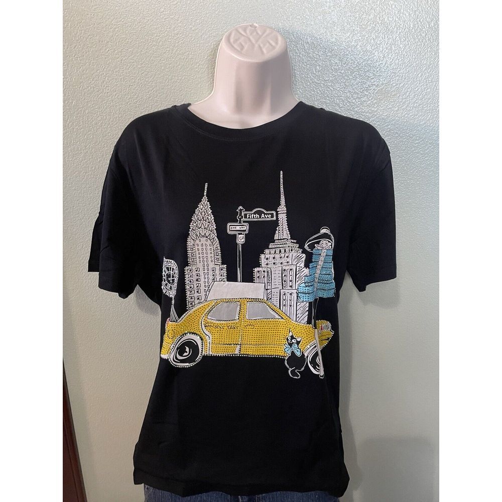 Vinizbena  Shopping Lady And Cat Rhinestone Woman Black Size  3XL T-Shirt  New - Picture 2 of 16